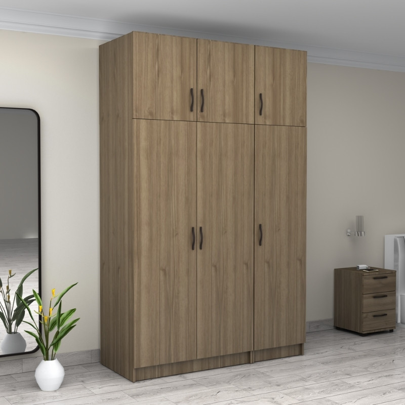Victoria Megapap three doors melamine wardrobe with cabinet in walnut color 150x60x240cm.