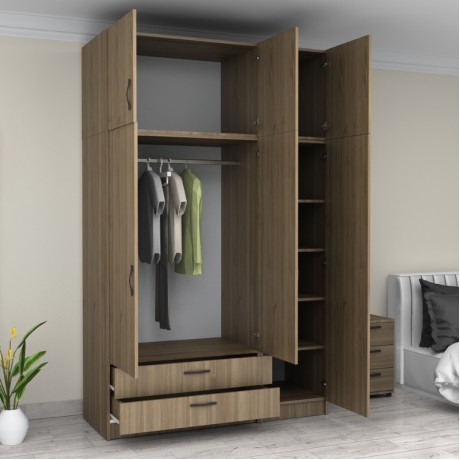 Victoria Megapap three doors melamine wardrobe with cabinet in walnut color 150x60x240cm.