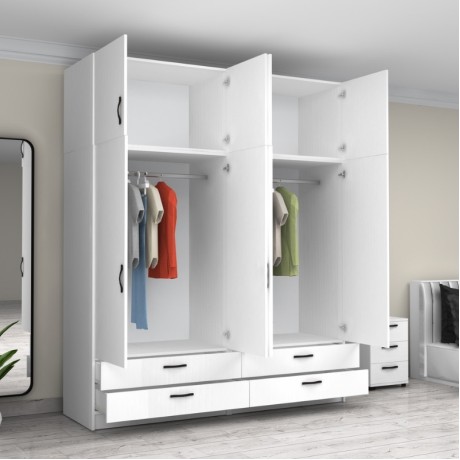 Victoria Megapap four doors melamine wardrobe with cabinet in white color 200x60x240cm.
