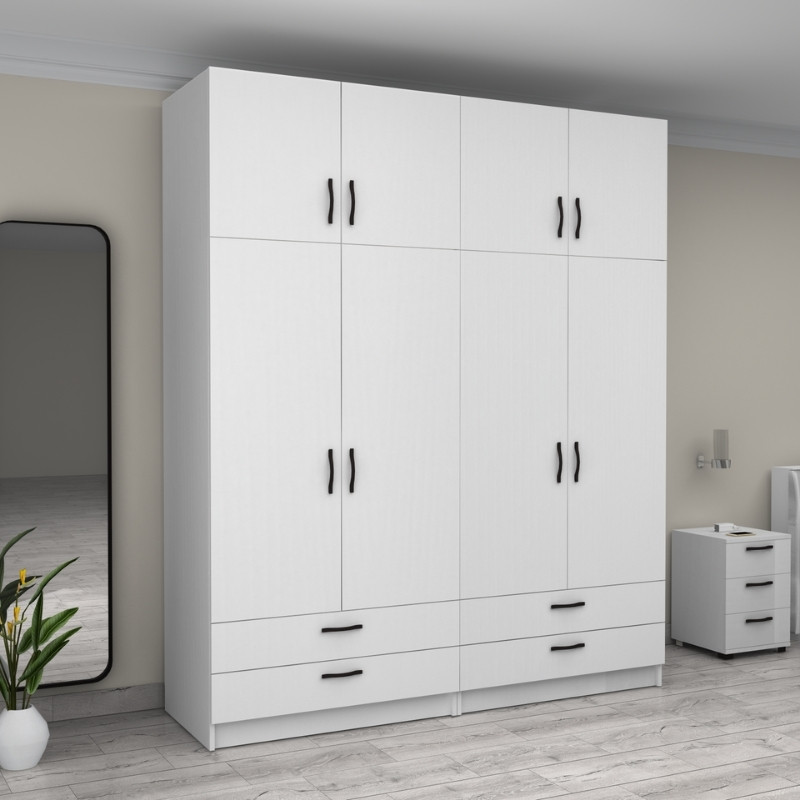 Victoria Megapap four doors melamine wardrobe with cabinet in white color 200x60x240cm.