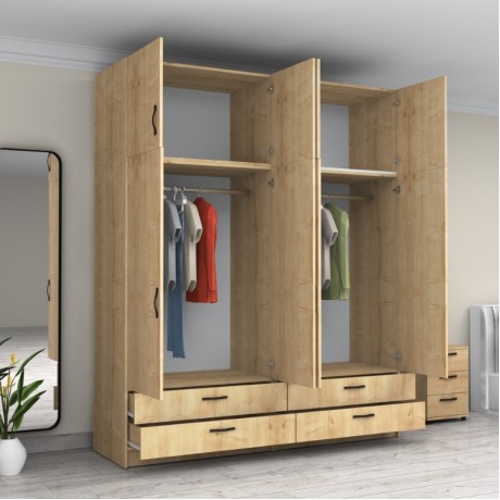 Victoria Megapap four doors melamine wardrobe with cabinet in oak color 200x60x240cm.