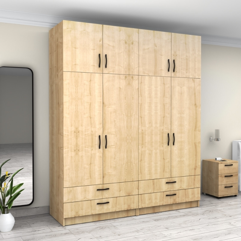 Victoria Megapap four doors melamine wardrobe with cabinet in oak color 200x60x240cm.