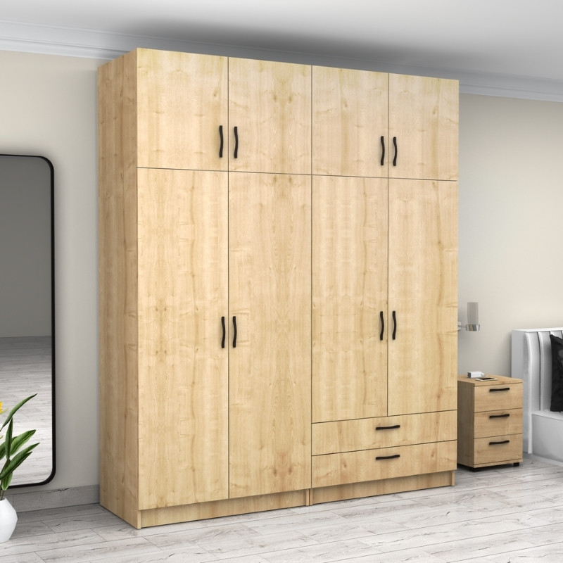 Victoria Megapap four doors melamine wardrobe with cabinet in oak color 200x60x240cm.