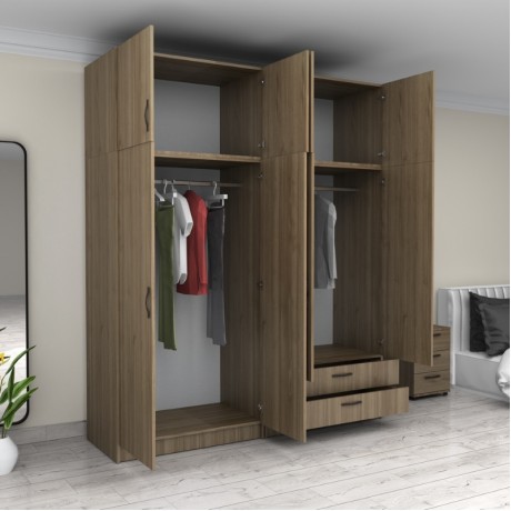 Victoria Megapap four doors melamine wardrobe with cabinet in walnut color 200x60x240cm.