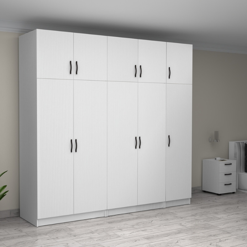 Victoria Megapap five doors melamine wardrobe with cabinet in white color 250x60x240cm.