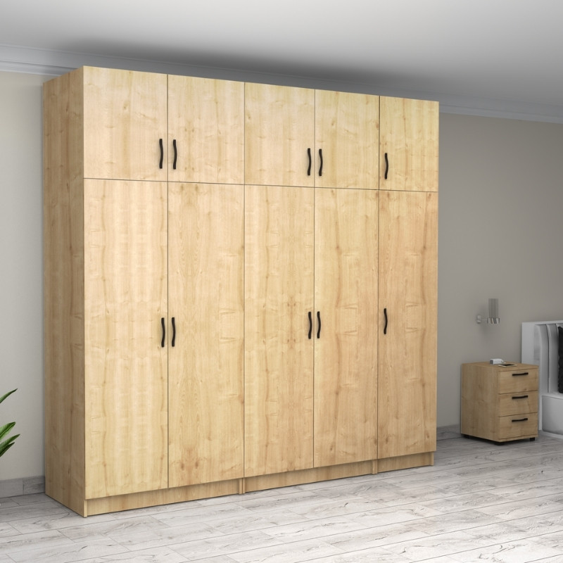 Victoria Megapap five doors melamine wardrobe with cabinet in oak color 250x60x240cm.