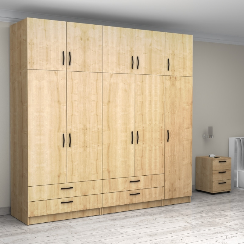 Victoria Megapap five doors melamine wardrobe with cabinet in oak color 250x60x240cm.