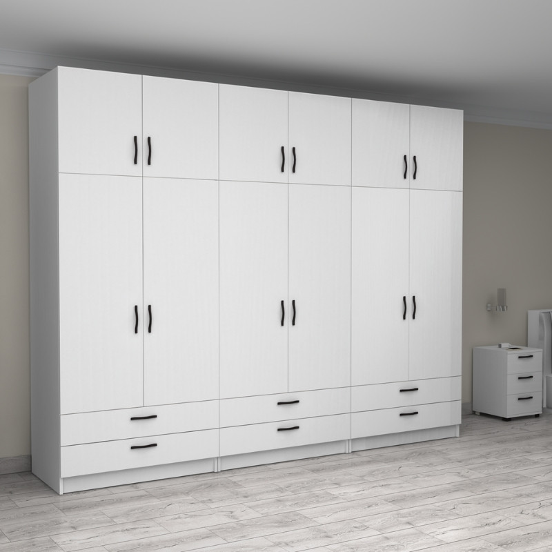 Victoria Megapap six doors melamine wardrobe with cabinet in white color 300x60x240cm.