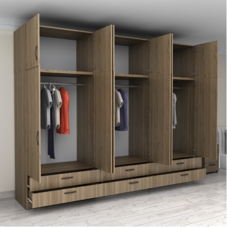 Victoria Megapap six doors melamine wardrobe with cabinet in walnut color 300x60x240cm.