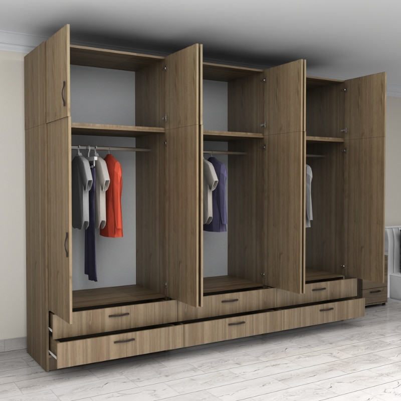 Victoria Megapap six doors melamine wardrobe with cabinet in walnut color 300x60x240cm.