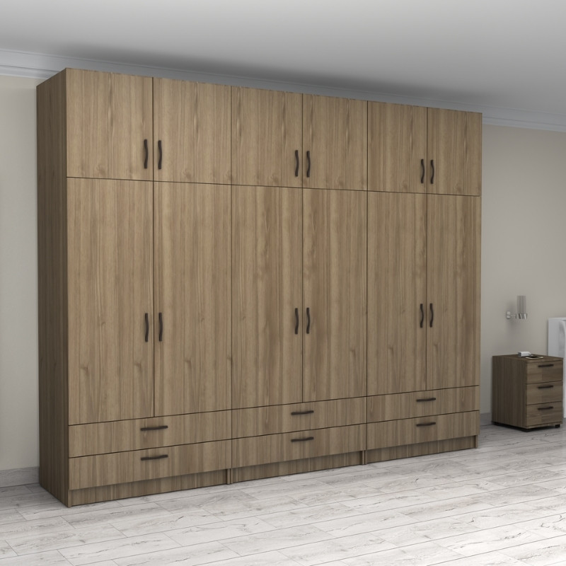 Victoria Megapap six doors melamine wardrobe with cabinet in walnut color 300x60x240cm.
