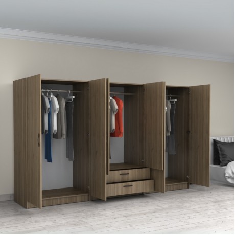 Victoria Megapap six doors melamine wardrobe in walnut color 300x60x181cm.