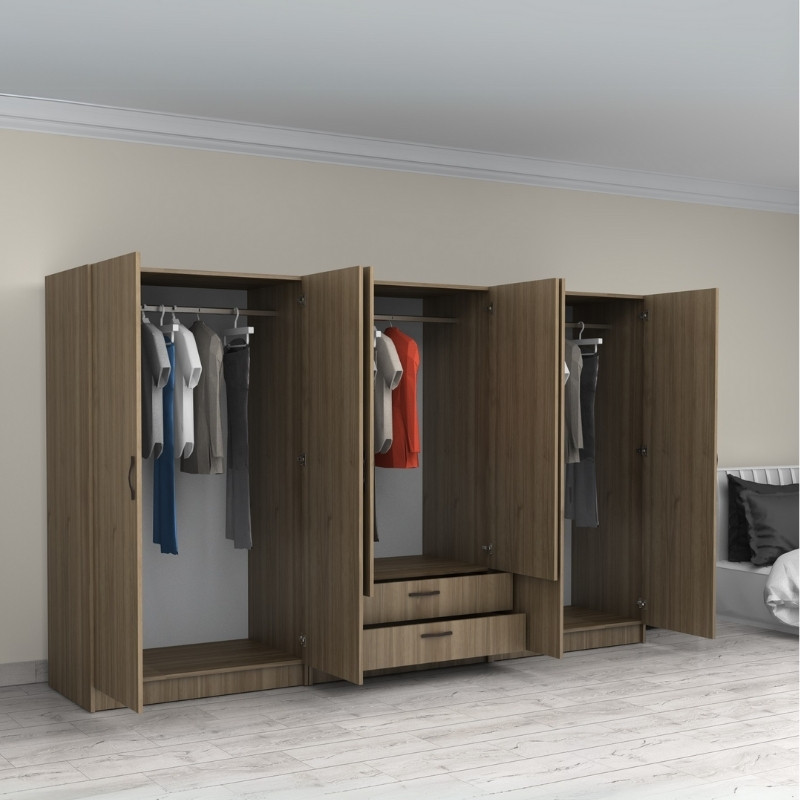 Victoria Megapap six doors melamine wardrobe in walnut color 300x60x181cm.