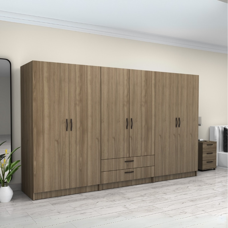 Victoria Megapap six doors melamine wardrobe in walnut color 300x60x181cm.