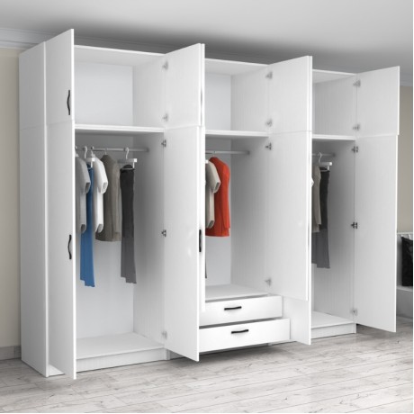 Victoria Megapap six doors melamine wardrobe with cabinet in white color 300x60x240cm.