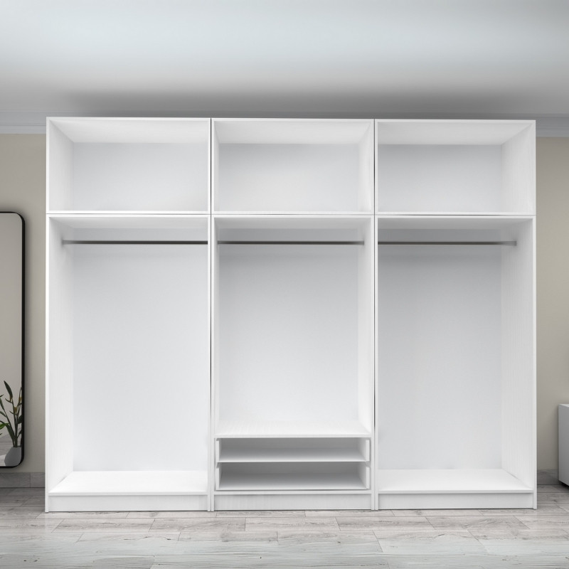 Victoria Megapap six doors melamine wardrobe with cabinet in white color 300x60x240cm.