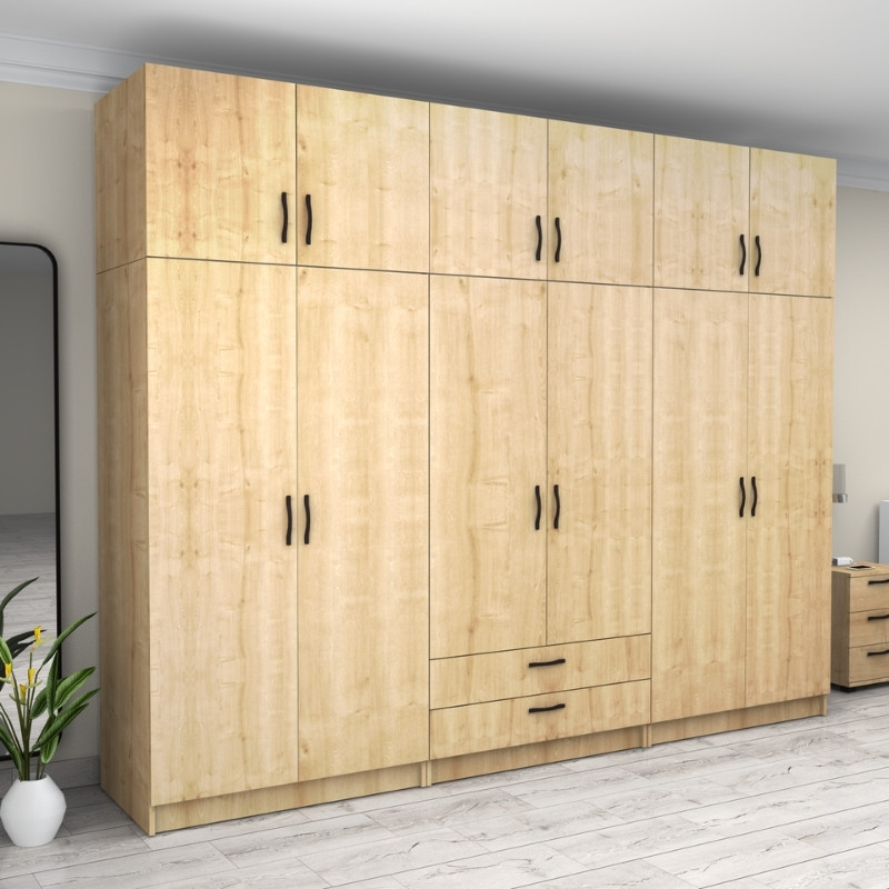 Victoria Megapap six doors melamine wardrobe with cabinet in oak color 300x60x240cm.