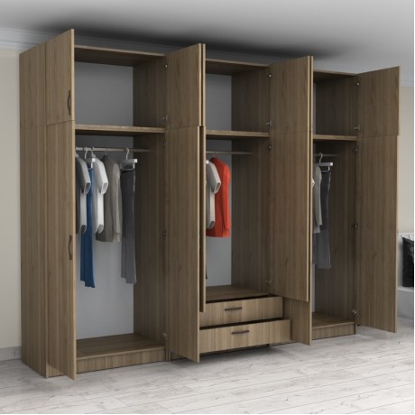 Victoria Megapap six doors melamine wardrobe with cabinet in walnut color 300x60x240cm.