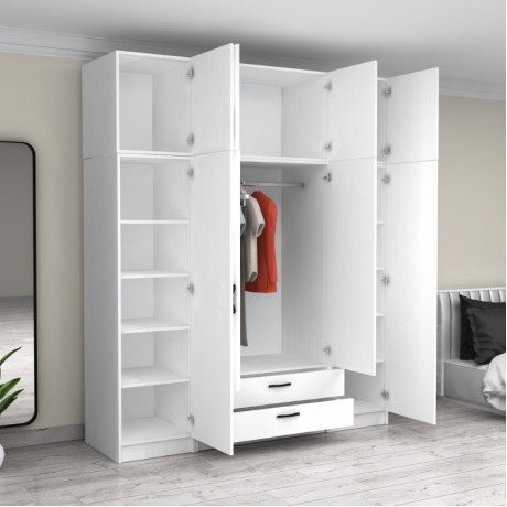 Victoria Megapap four doors melamine wardrobe with cabinet in white color 200x60x240cm.