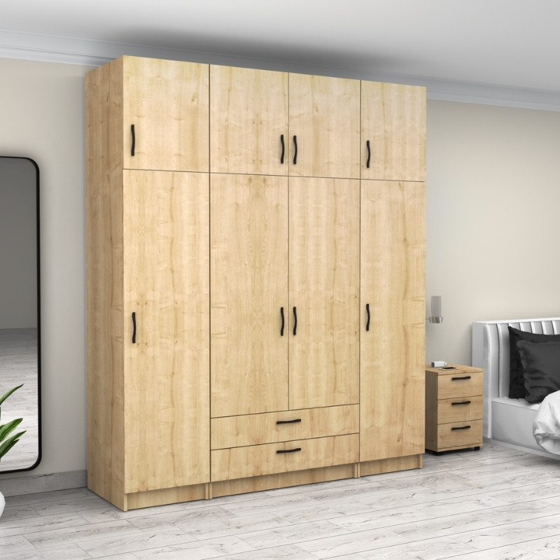 Victoria Megapap four doors melamine wardrobe with cabinet in oak color 200x60x240cm.