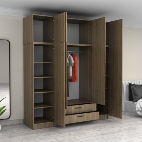 Victoria Megapap four doors melamine wardrobe with cabinet in walnut color 200x60x240cm.