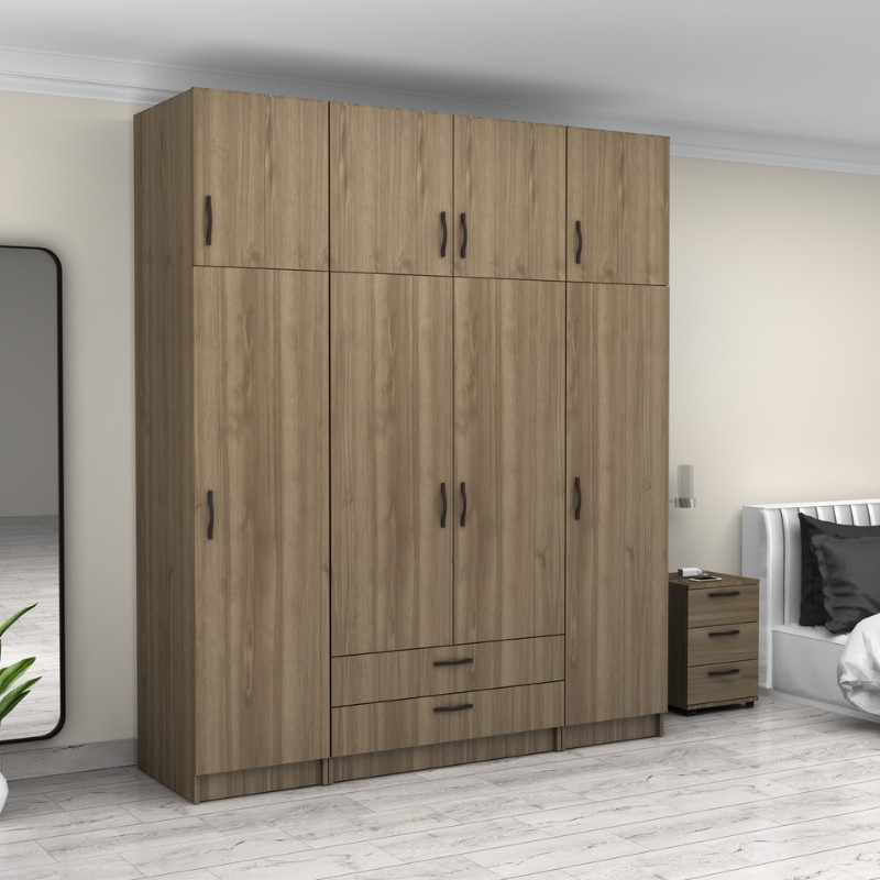 Victoria Megapap four doors melamine wardrobe with cabinet in walnut color 200x60x240cm.