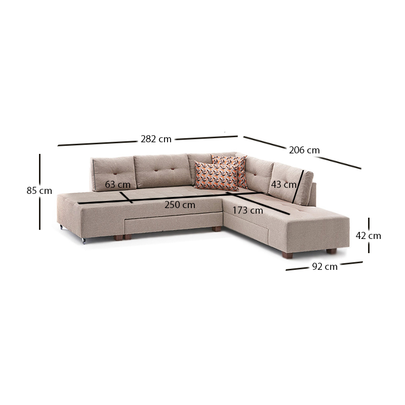 Manama Megapap fabric right corner sofa in cream color 280x206x85cm.