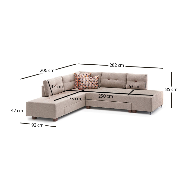Manama Megapap fabric left corner sofa in cream color 280x206x85cm.