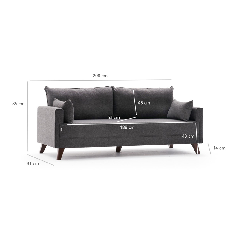 Bella Megapap fabric sofa three - seater in anthracite color 208x81x85cm.
