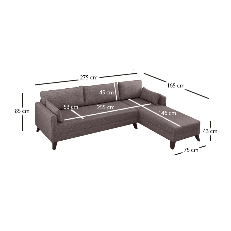 Bella Megapap fabric right corner sofa in brown color 275x165x85cm.