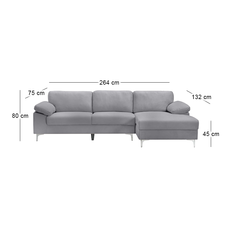 ALEX Corner Sofa Fabric Grey Velure (Left Sitting Chaise)