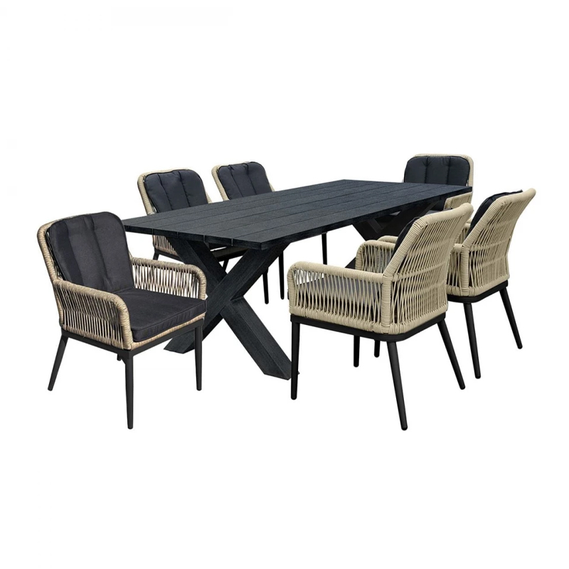 ALLEY Set Alu Table 180x94+6 Armchairs Anthracite/Wicker Natural