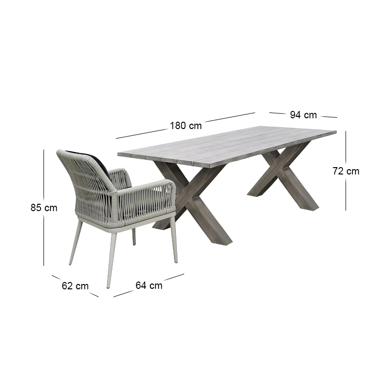ALLEY Set Alu Table 180x94+6 Armchairs Grey/Cushion Anthracite