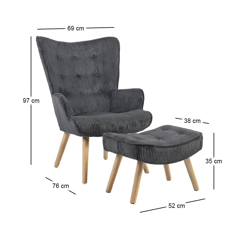 ALMA Set Armchair & Stool Natural / Corduroy Grey (K/D)