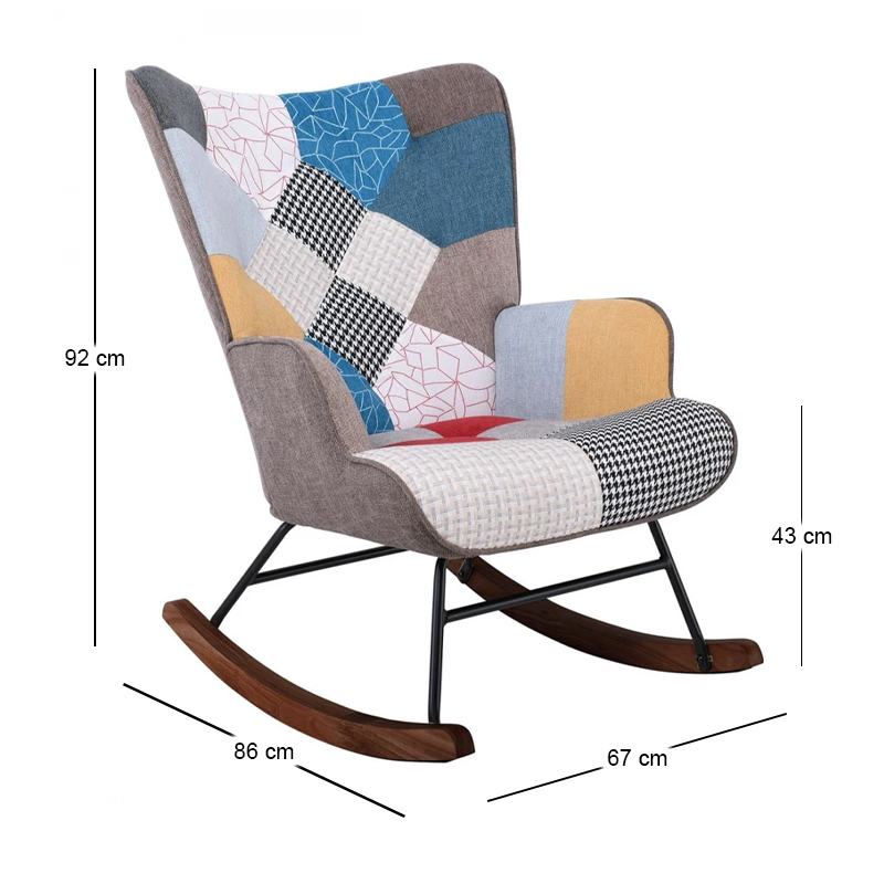 ALMA Rocking Armchair Patchwork Fabric/Black Frame/Walnut Base (K/D)