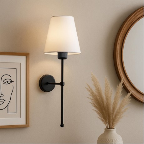 Verma Megapap E27 metal fabric sconce light in black - cream color 13x13x50cm.