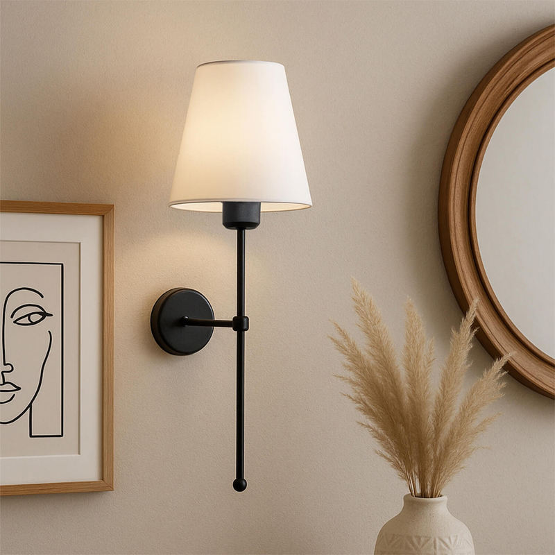 Verma Megapap E27 metal fabric sconce light in black - cream color 13x13x50cm.