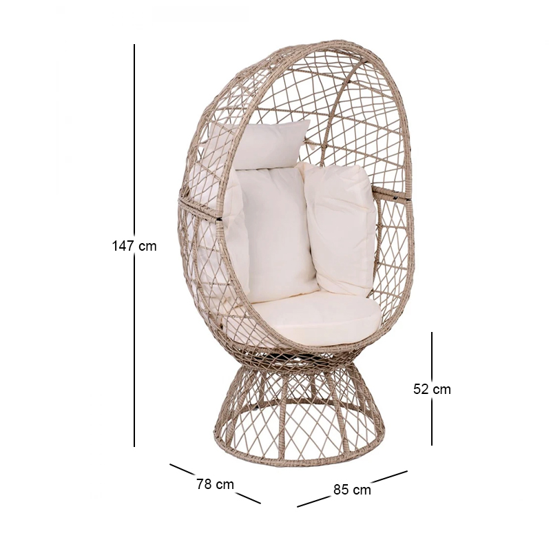 CROWN Πολυθρόνα Egg, Wicker Μπεζ, Μαξιλάρι Άσπρο 85x78x147cm