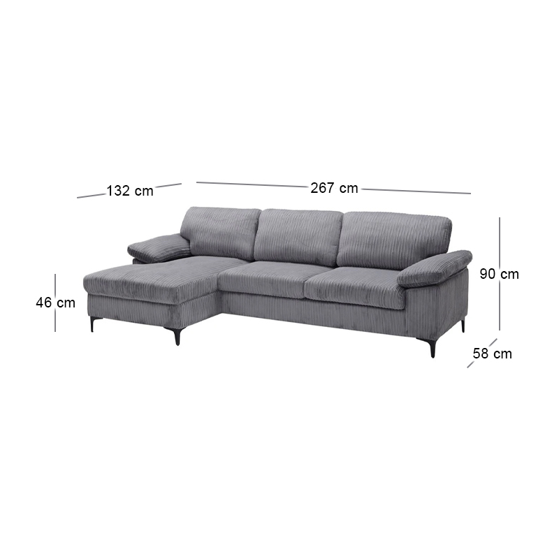 CYRIL Left Facing Corner Sofa, Grey Corduroy Fabric
