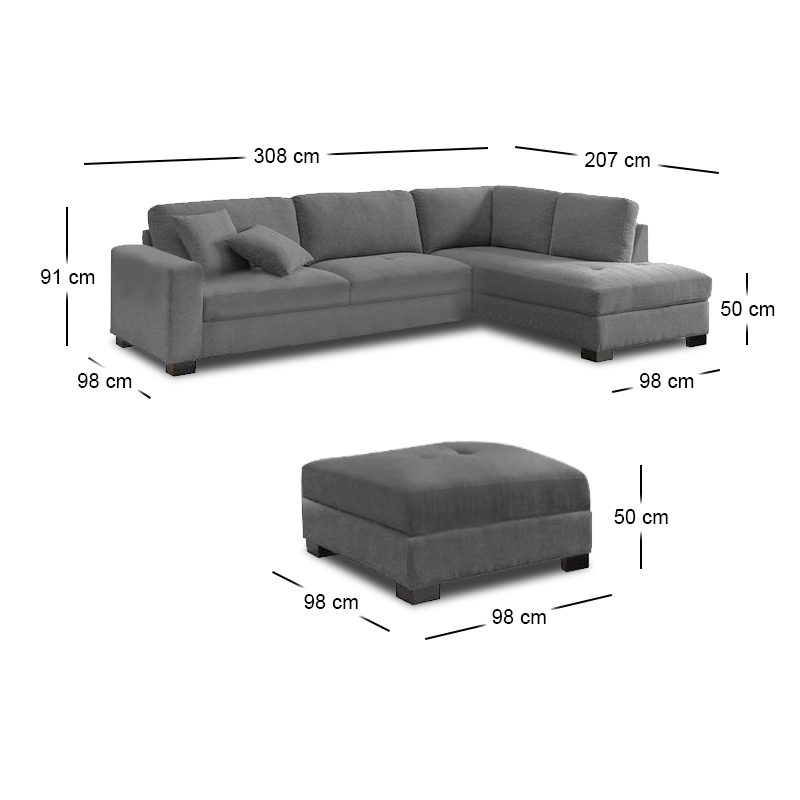 DORNO Right Facing Corner Sofa with Storage Ottoman, Fabric Anthracite