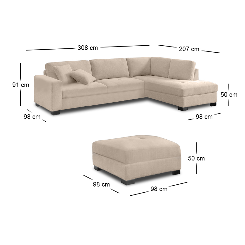 DORNO Right Facing Corner Sofa with Storage Ottoman, Fabric Beige
