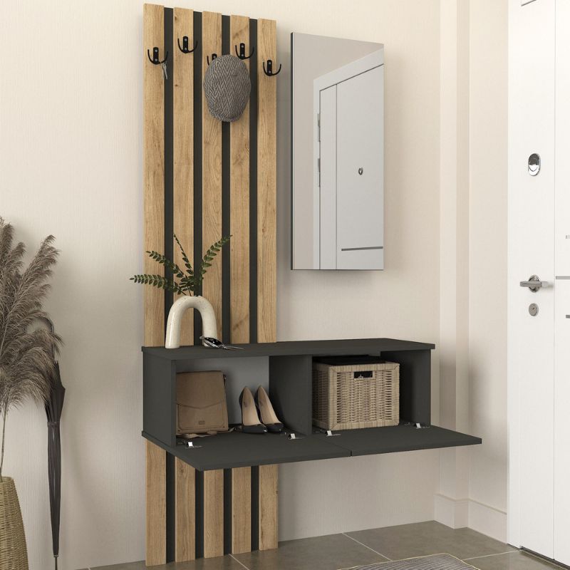 Kanso Megapap melamine coat stand in anthracite - sepet oak color 100x35x196.7cm.