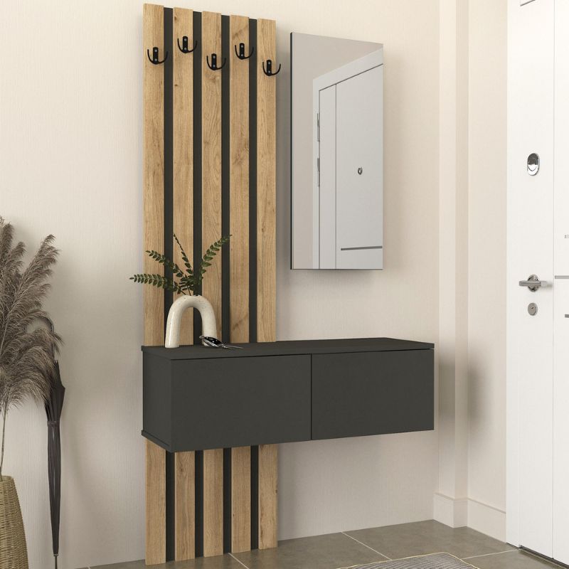Kanso Megapap melamine coat stand in anthracite - sepet oak color 100x35x196.7cm.