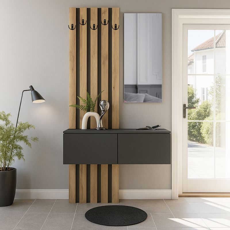 Kanso Megapap melamine coat stand in anthracite - sepet oak color 100x35x196.7cm.