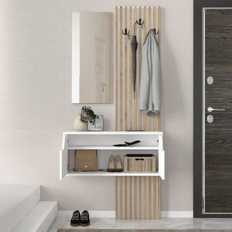 Naro Megapap melamine coat stand in white - sepet oak color 90x35x204.2cm.