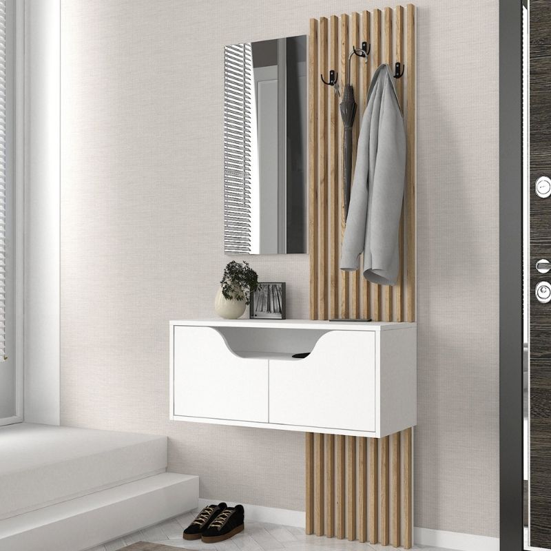 Naro Megapap melamine coat stand in white - sepet oak color 90x35x204.2cm.