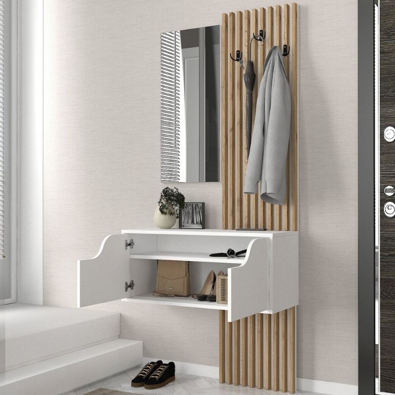 Naro Megapap melamine coat stand in white - sepet oak color 90x35x204.2cm.