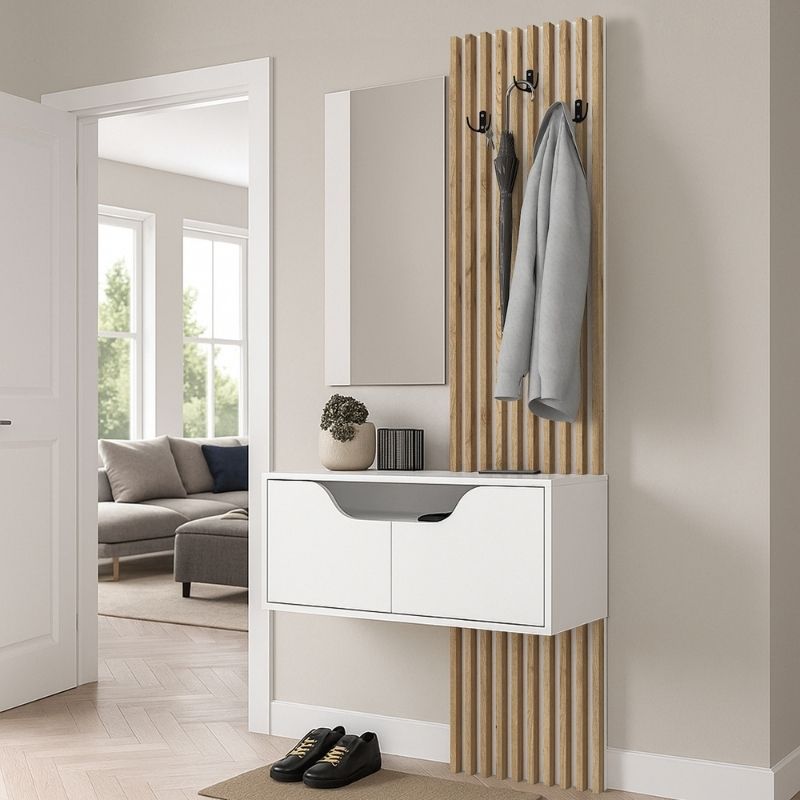 Naro Megapap melamine coat stand in white - sepet oak color 90x35x204.2cm.