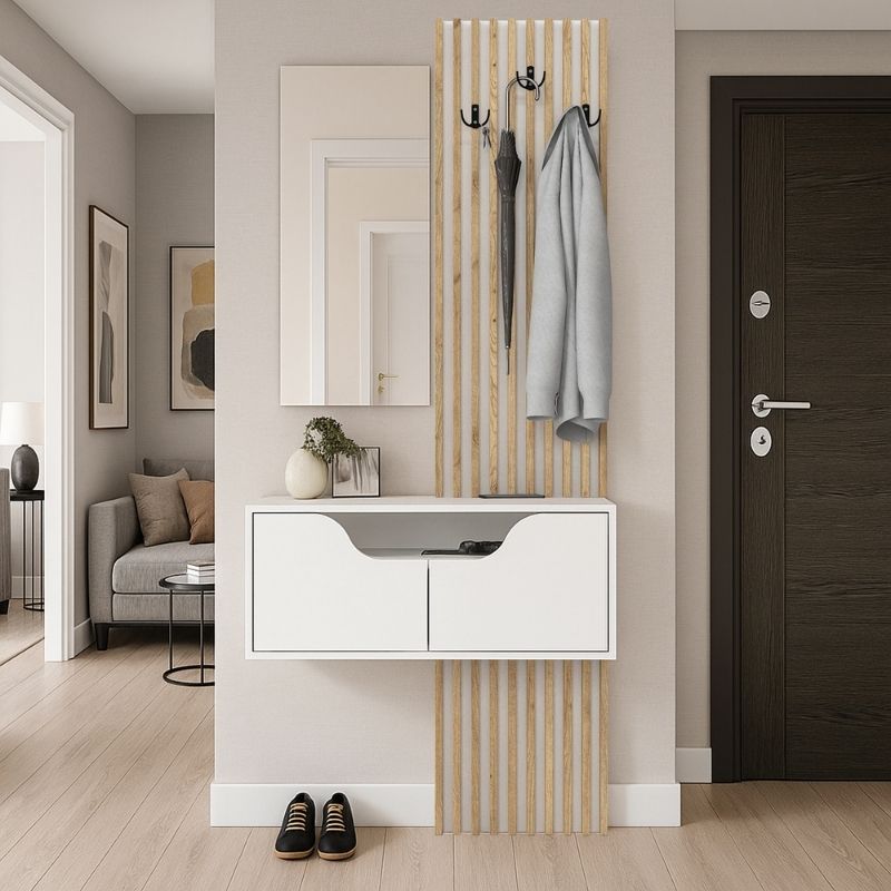 Naro Megapap melamine coat stand in white - sepet oak color 90x35x204.2cm.
