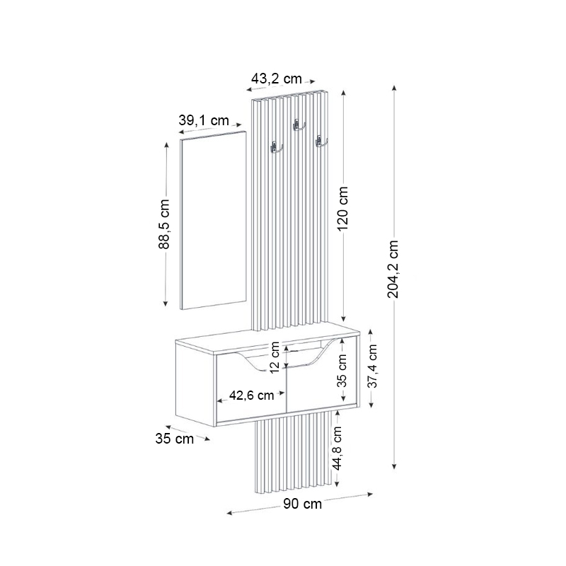 Naro Megapap melamine coat stand in white - sepet oak color 90x35x204.2cm.
